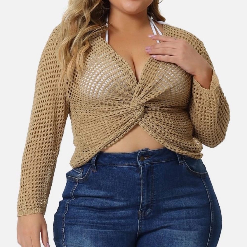 Plus Size Knitwear V Neck Ruched Cross Front Hollow Out Long Sleeve Cover Up Top